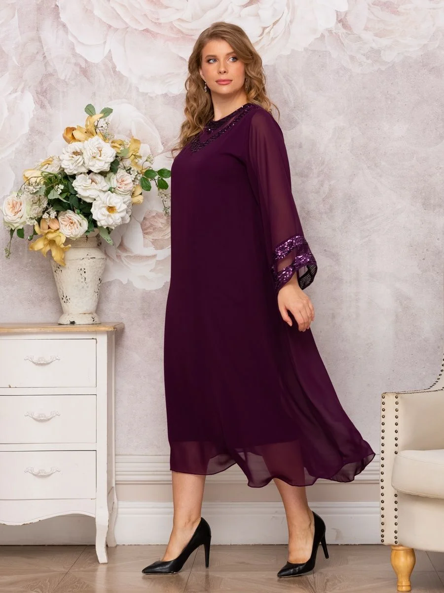 Plus Size Women Dresses Fashion O Neck Loose-fitting Long Sleeve Sequin Lace Patchwork Chiffon Dress for Party Banquet Vestidos