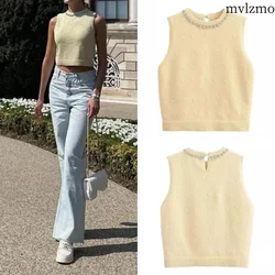 2024 Summer Women's New Fashion Casual Temperament Jewelry Embellished Knitted Top Peplum Sleeveless Round Neck Top