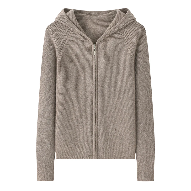 

100% goat cashmere sweater cardigan hooded zipper padded shoulder sweater sweater with simple outside.