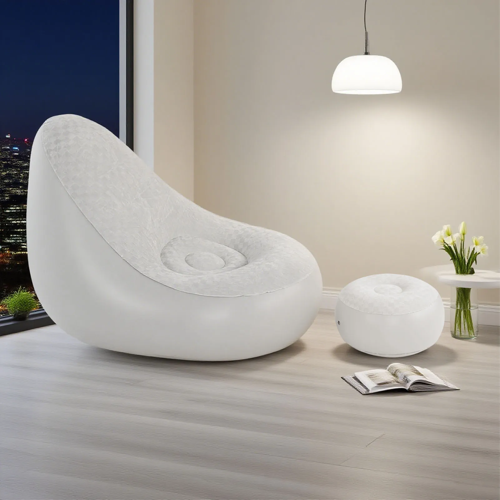 Inflatable Lounge w Footstool PVC Flocking Water Proof Folding Blow Up Couch Inflatable Sofa Chair for Home Camping Grey/Orange