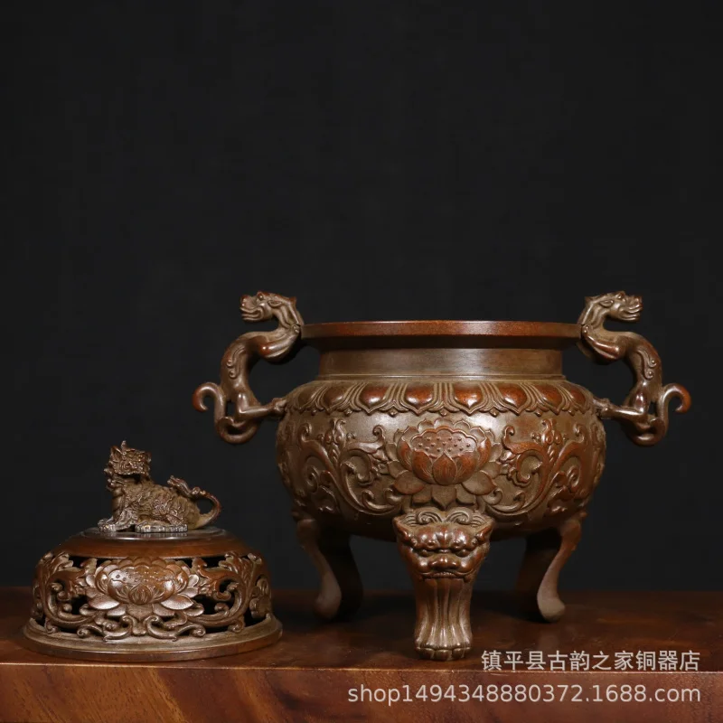 Pure Copper Lion Three-Legged Antique Xuande Ceremony Incense Burner Home W