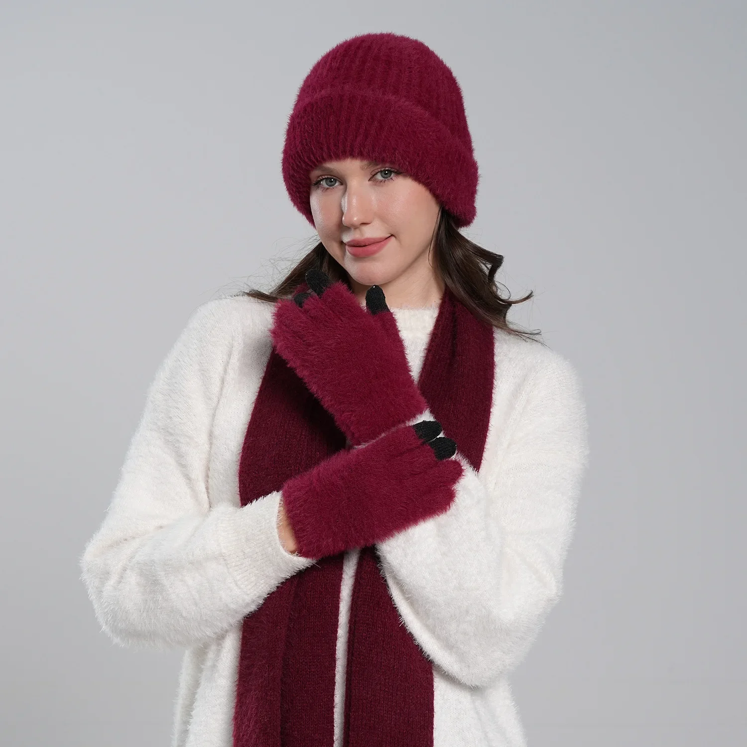 3 Piece Winter Knit Accessory Set with Hat Scarf Touchscreen Gloves for Adult Men Women New Style