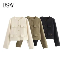 TRAF moda donna autunno inverno monopetto strutturato girocollo tasca ribaltabile giacca corta cappotto Chic donna top Mujer