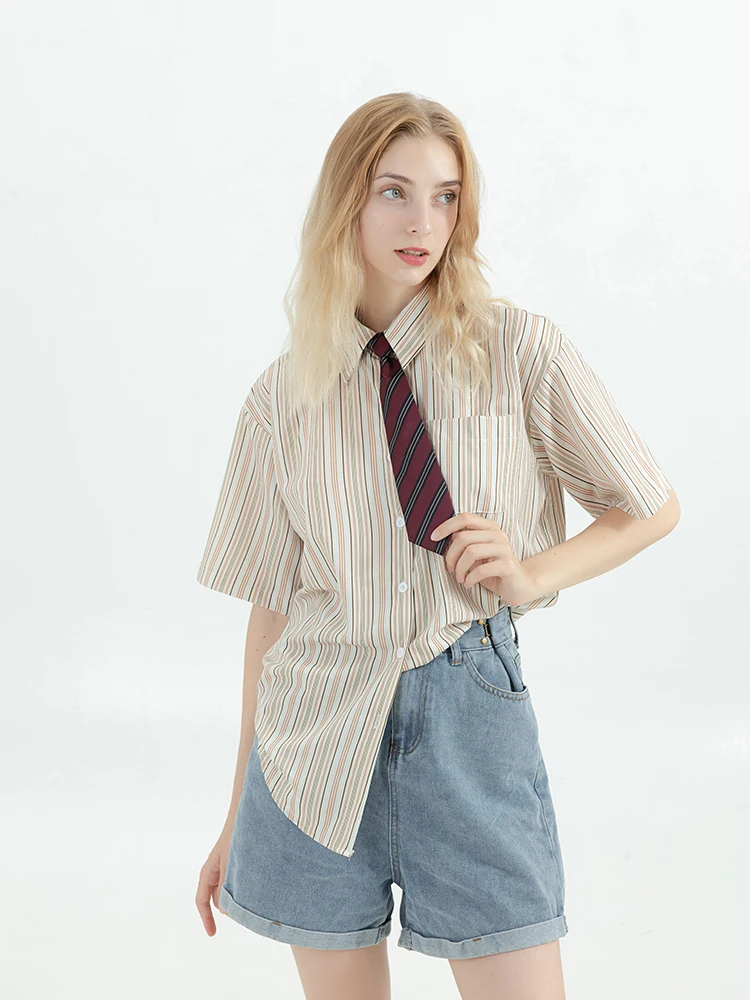 Camisa a rayas de estilo pijo con corbata para mujer, Tops coreanos elegantes de manga corta Y2k que combinan con todo, blusa Vintage Harajuku para