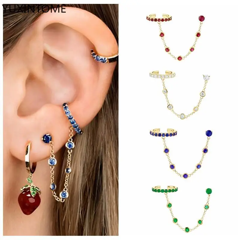 

925 sterling silver ear Needle chain hoop ear clip studs double wear earrings for women color zircon luxury wedding jewelry