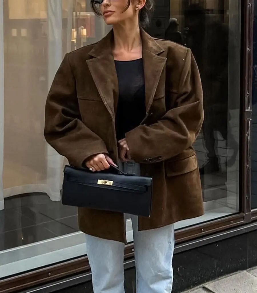 Jaqueta de couro de camurça feminina vintage único breasted lapela marrom blazer solto casacos 2025 outono senhora do escritório outerwears