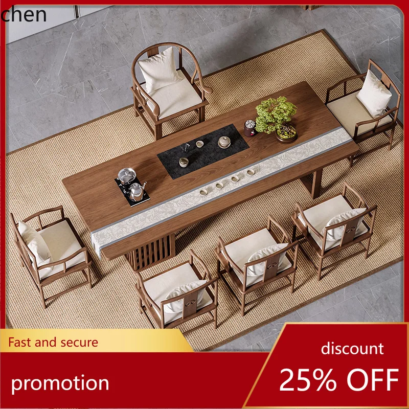 

HT New Chinese Style Solid Wood Large Board Tea Table and Chair Set Living Room Office Zen Tea Table Luohan Bed