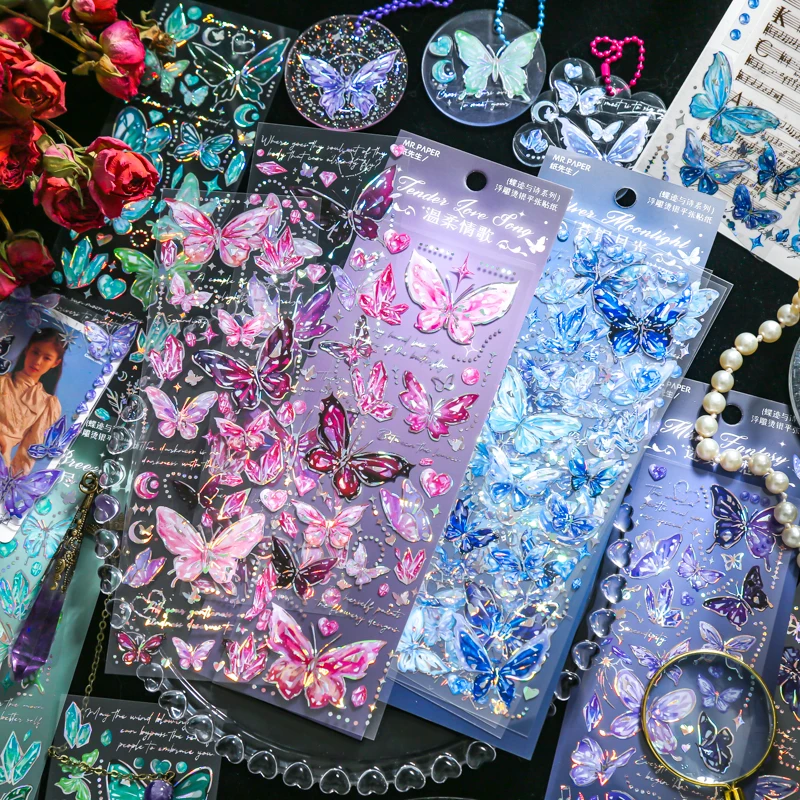 3 sheets/pack Mr. Paper Waterproof PVC Sticker Embossed Gilding Butterfly Creative Collage DIY Guka Small card Album Decoration