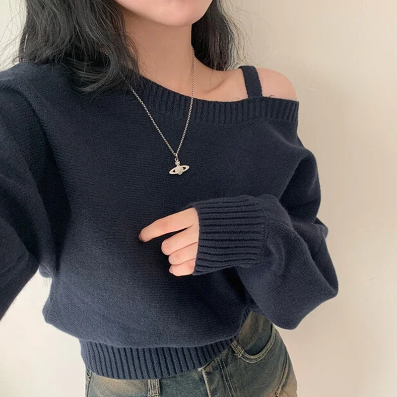 Neploe 2024 Autumn Vintage Gray Knitted Tops Women Skew Collar Off Shoulder Pullovers Long Sleeve Loose Sweaters Mujer