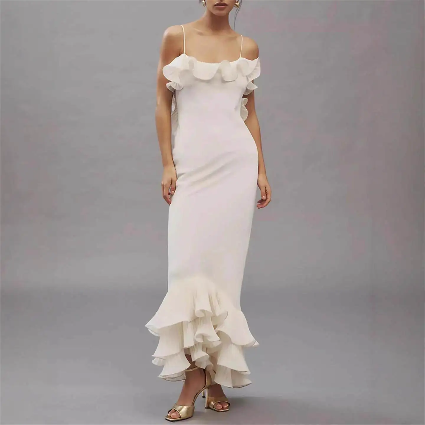 

Off-Shoulder Lace Trim Dress Backless Gown High Waist A-Line Silhouette Sleeveless Slim Fit Elegant Citywalk Summer New Arrivals