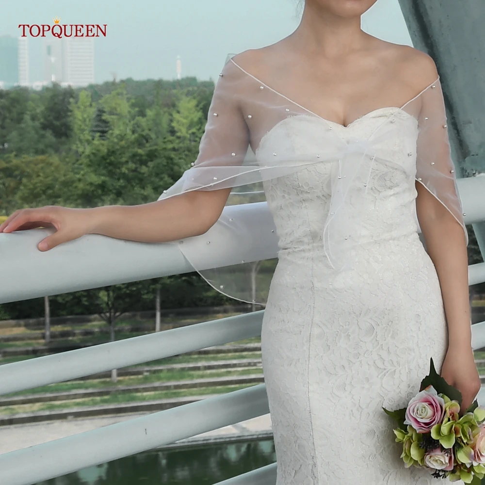 TOPQUEEN VG86 Top corto capa nupcial señoras Bolero de perlas chal nupcial accesorios de boda precioso chal de perlas