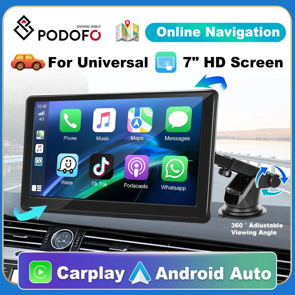 Podofo Universal 7inch Car Radio Multimedia Video Player Wireless Carplay Android Auto Touch Screen With USB AUX Rear View Cam