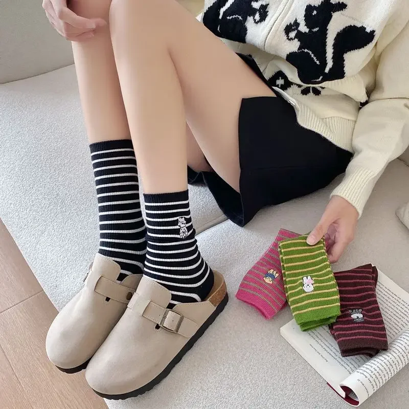 Cartoon Dog Embroidery Japanese Style Socks Casual Striped School Girls Knitted Cotton Breathable Long Socks Gift Women Socks