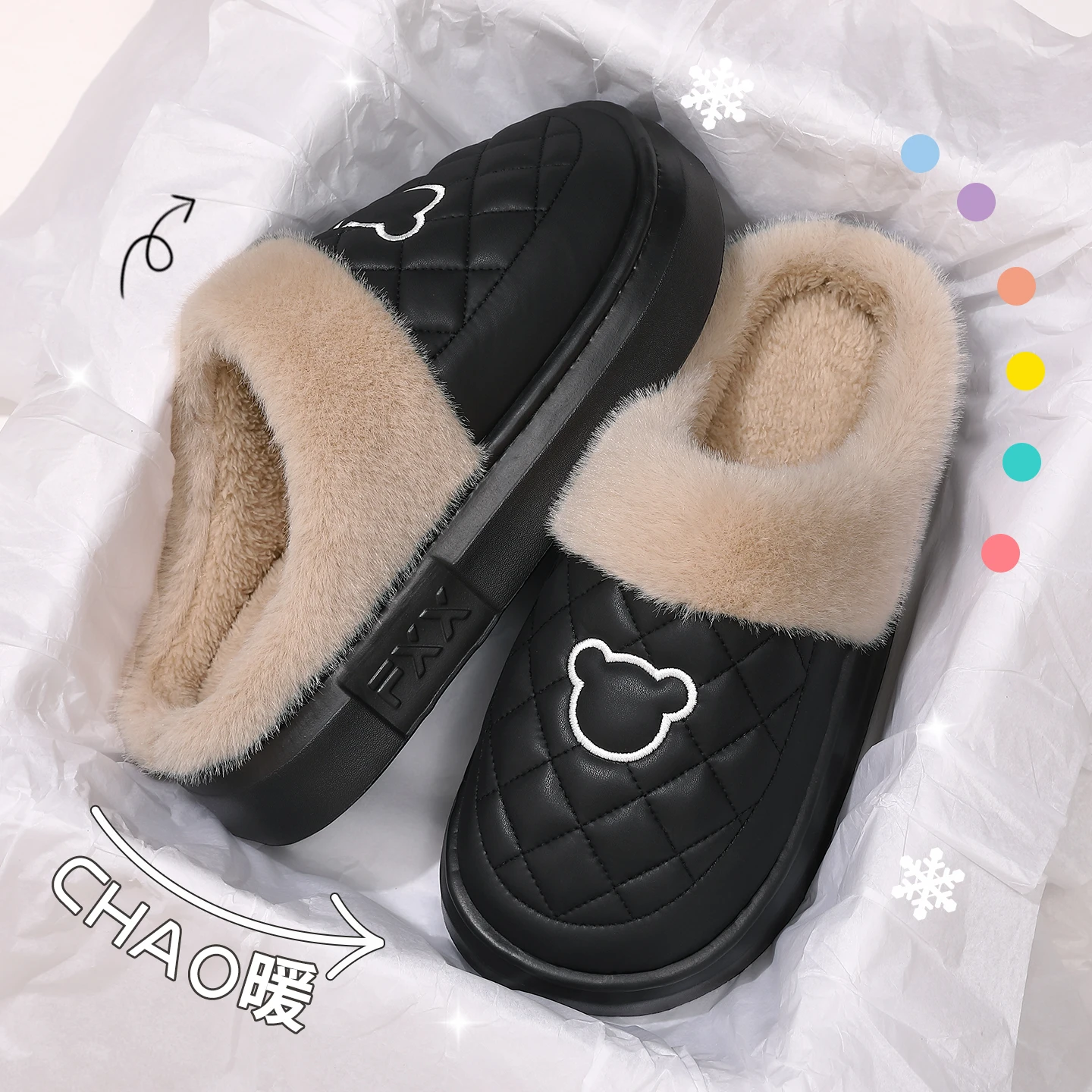Herren Damen Winter Warme Hausschuhe Wasserdichte Plattform Dicke Sohle Fell-Slides Gemütliche Plüsch Rutschfeste Weiche Indoor Outdoor Baumwoll-Mules – Detail 1
