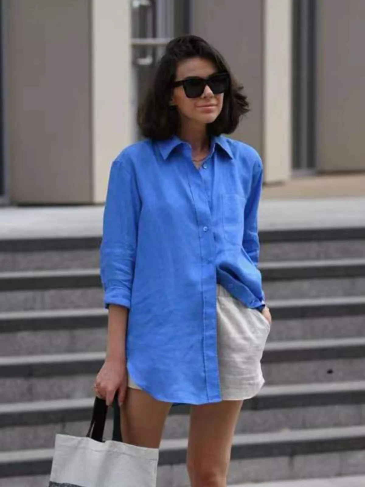 

Women's Loose Long Sleeve Blue Lightweight Cotton Linen Casual Shirt Street Style Summer 2023 Pure Color Button Detail