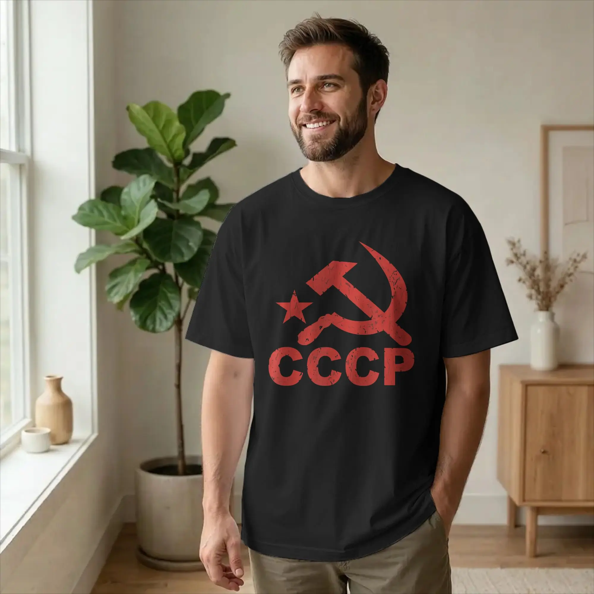Novelty USSR Soviet Union Russian CCCP T-Shirt Men Round Neck 100% Cotton T Shirts Hammer Sickle Short Sleeve Tees Clothing