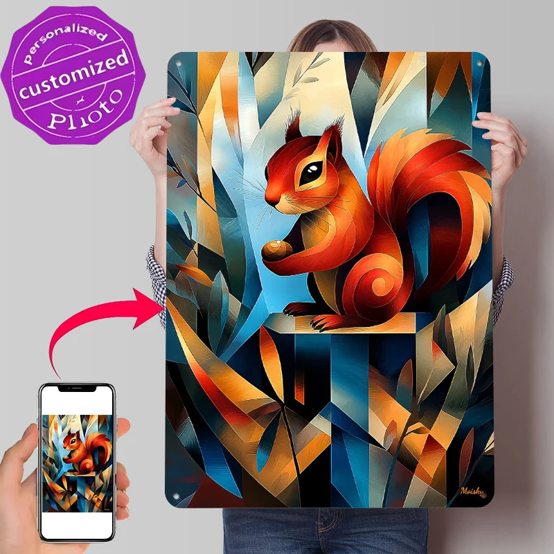Contemporary Cubist Take on Dürer's Squirrel Poster Customized Vintage Metal Signs Wall Art Retro Tin Plaque for Bar Accessories