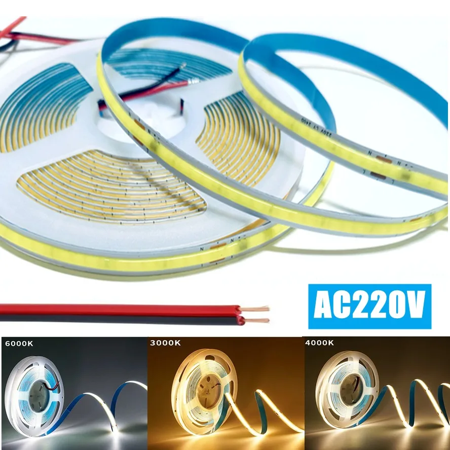 1-5m 220V 유연한 테이프 조명 디밍 가능 COB LED 스트립 조명 스마트 IC 드라이버 필요 없음 고휘도 240LEDs 선형 조명 RA95