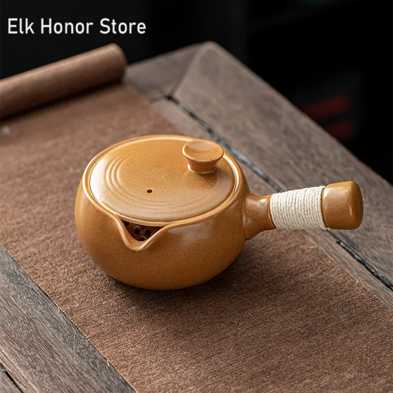 Japanese Style Rough Pottery Side Handle Teapot Large Capacity Portable Tea Pot with Handle Handmade Teaware Kung Fu Tea Sets