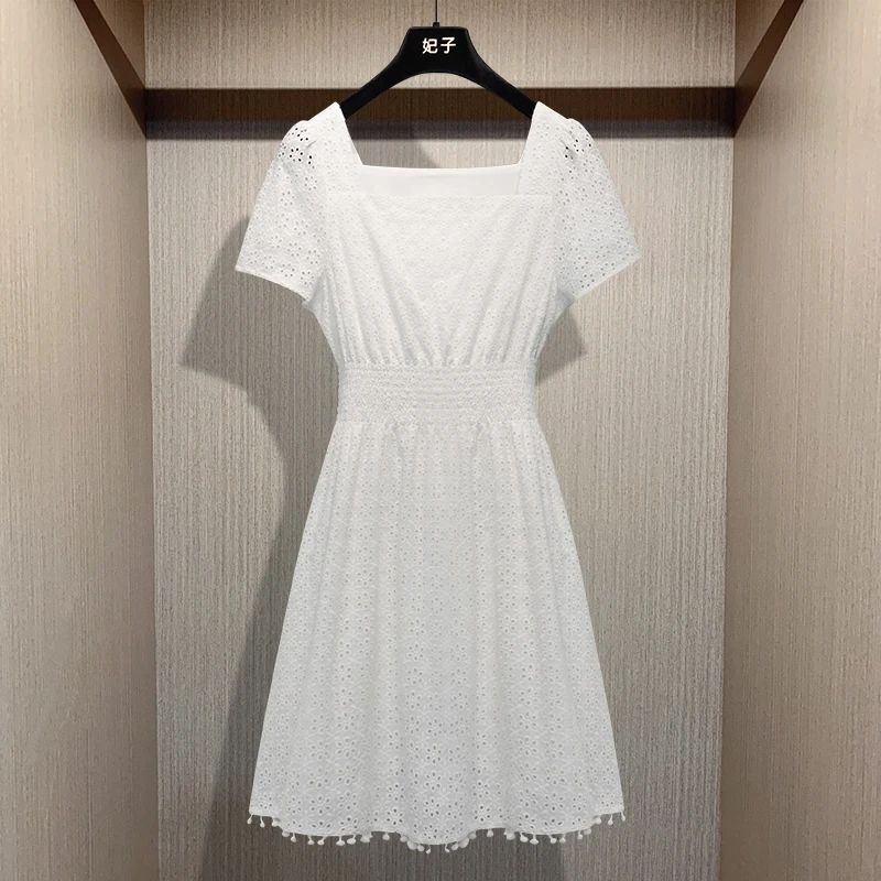 FZ French Lace Dress Women's 2021 Summer New Sweet and Slim Style Square Neck Waist White Lace Dress