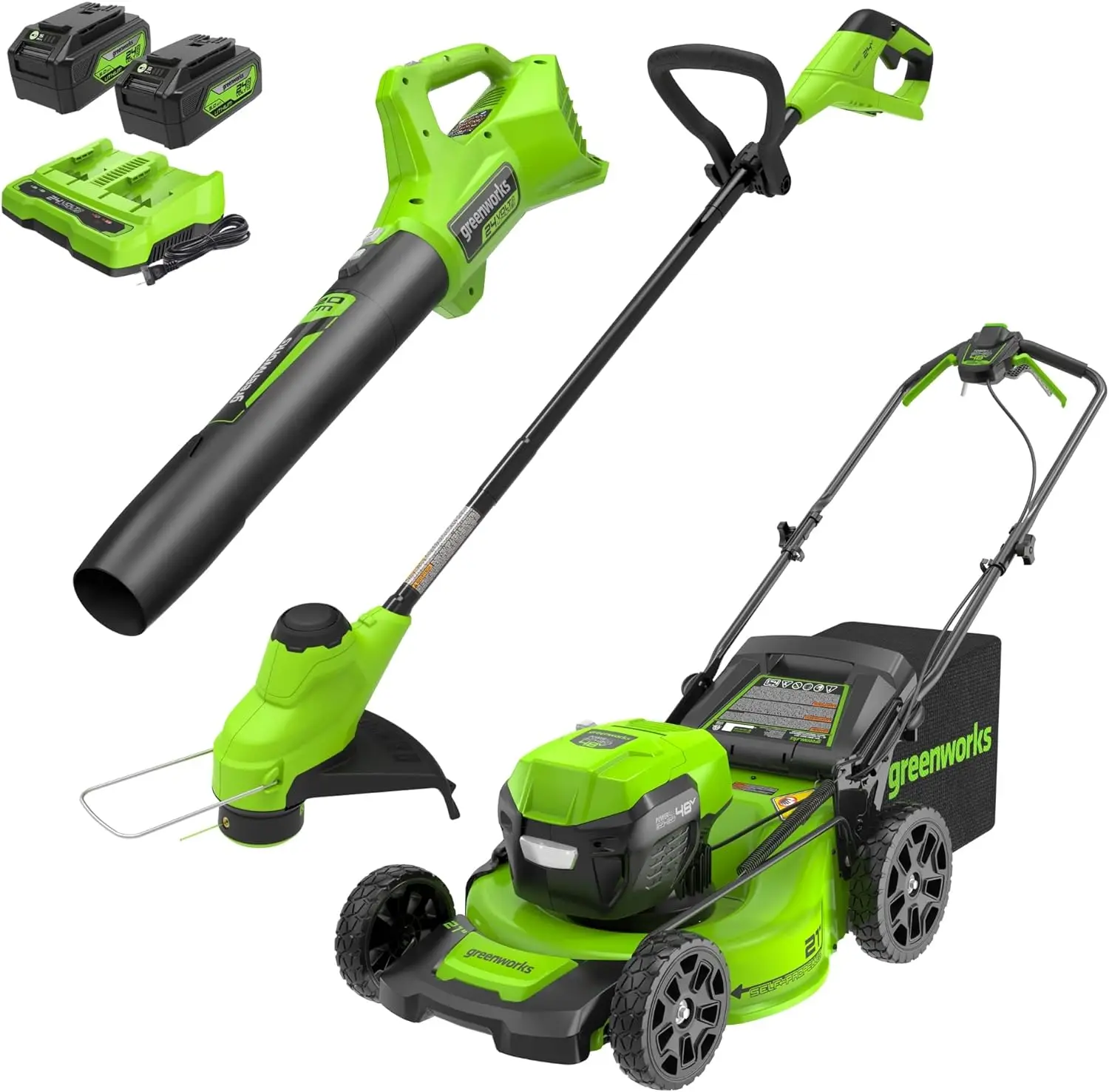 

2 x 24V 21 "Self-propelled Mower + Blower + 12" string trimmer, 5.0Ah battery and charger included (125+ compatible tools)