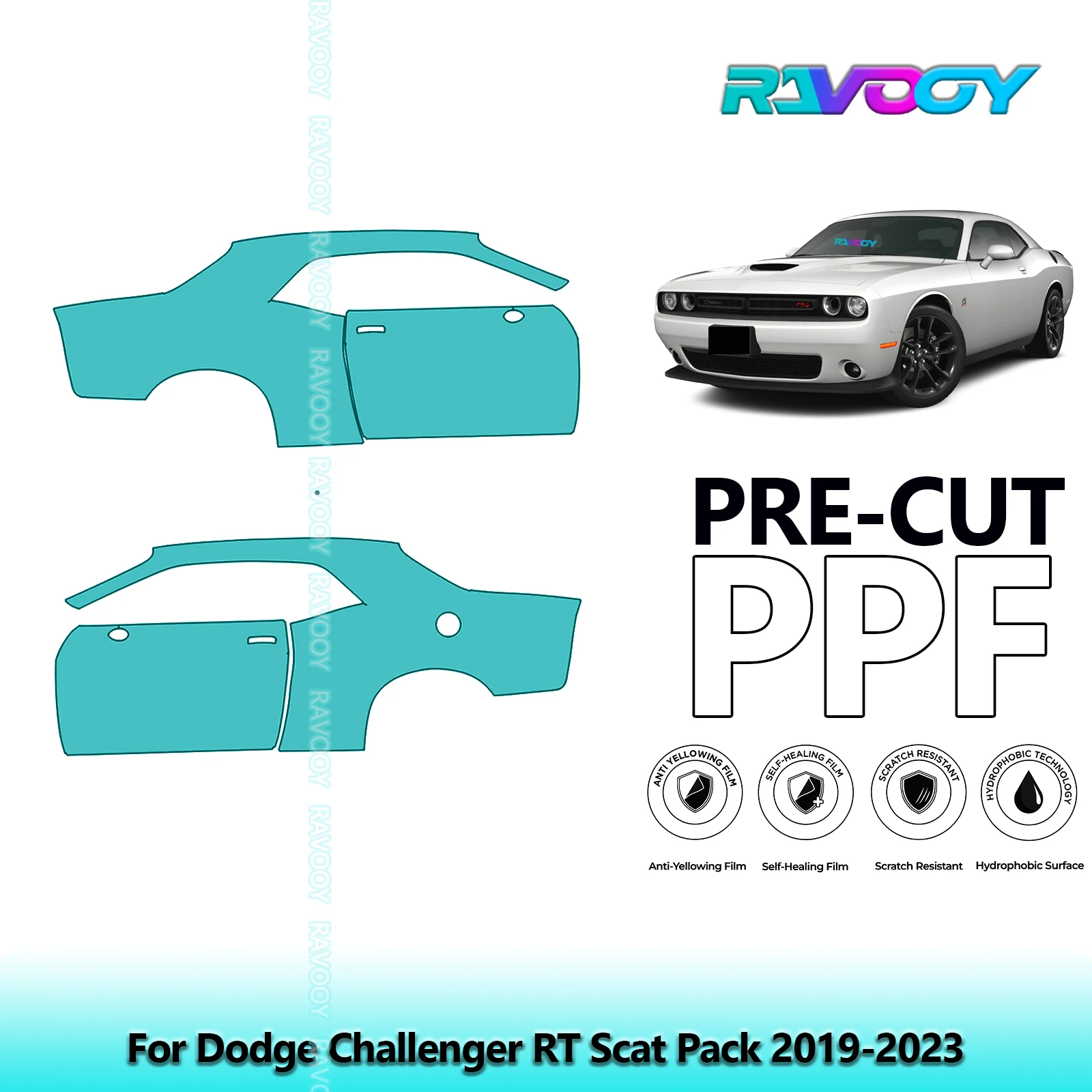 

For Dodge Challenger RT Scat Pack 2019-2023 8.5mil Clear Matte Pre-Cut PPF Door & A/B Pillar Kit TPU Paint Protection Film Set