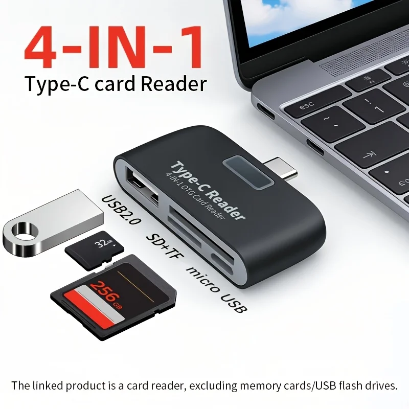 Type-C card reader, OTG reader, portable 4-in-1 multi-function adapter, compatible with SD/TF/USB flash drive, etc.