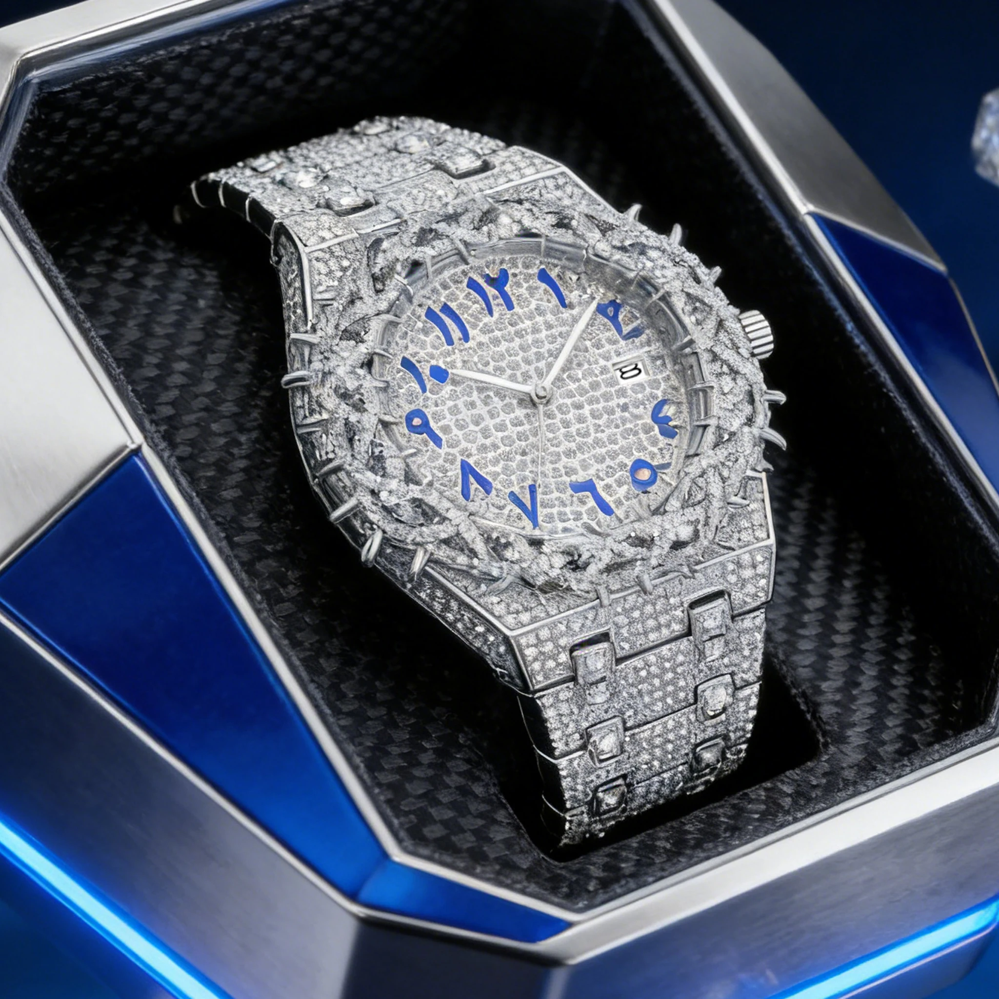 1pc Men's Quartz Watch. New Model with Full Water-Diamond Strap. Ice-Cold Hip Large Dial Men's Watch. Personalized Mesh-Set Zirc view 3