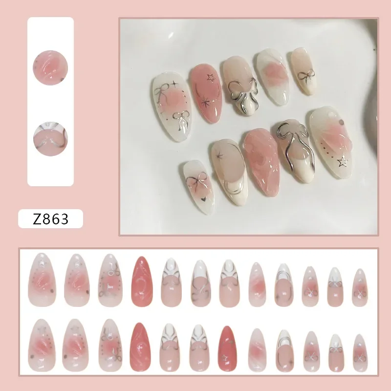 24pcs Cute Bowknot Design Star Decor Wearable Decorated False Nails Tips for Girls French Fake Nail Pink Acyrlic Press on Nails