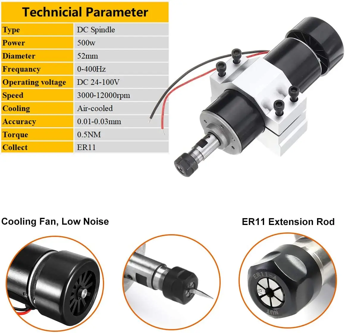 0.5kw Air Cooled Spindle 500W Spindle Motor ER11 Chuck CNC Spindle Motor+52mm Clamps+Power Supply Speed Governor For Engraving