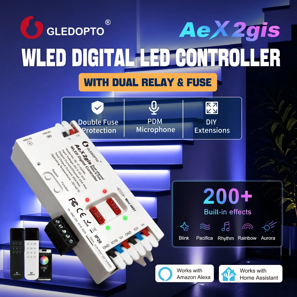 GLEDOPTO AeX2gis WLED Digital Smart Controller Dual Relay Fuse 20A High Current WLED APP Control PDM Mic Audio-Reactive