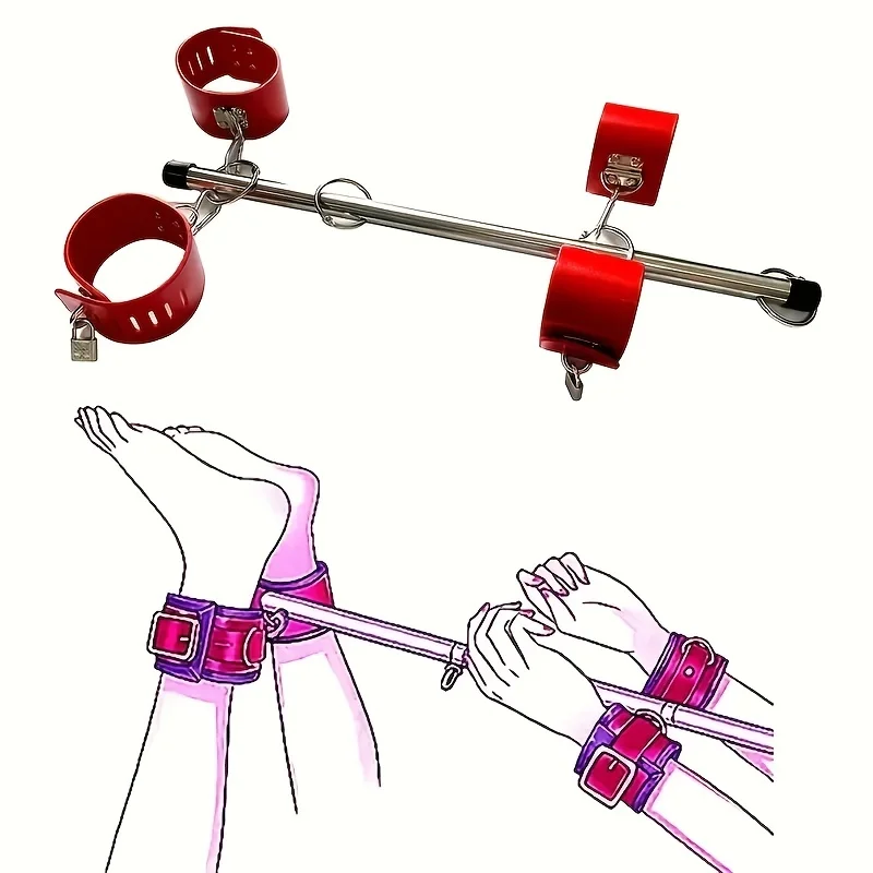 BDSM Bondage Adjustable Handcuffs Ankle with Stainless Steel Open Legs Pu Leather Set Silicone Mouth Gags for Couple Sex Games