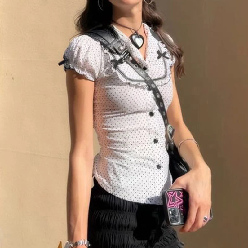 SUCHCUTE Sweet Polka Dot Top for Women Doll Collar Butterfly Bow Bubble Sleeve T-Shirt Casual All Match Wear Summer Outfit Chic