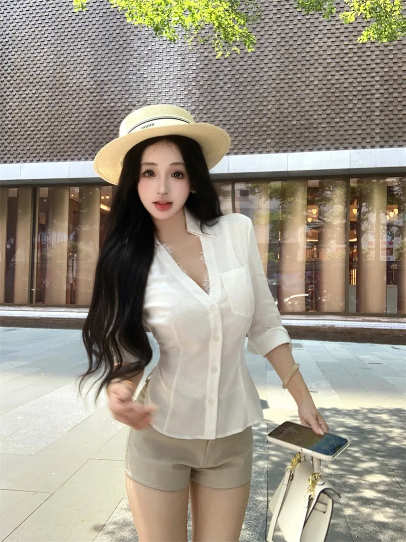 

Slim Fit Ne irt Lace Splicing White Polyester Fiber ort Sve Women's Busin Casual Sle Summer Top