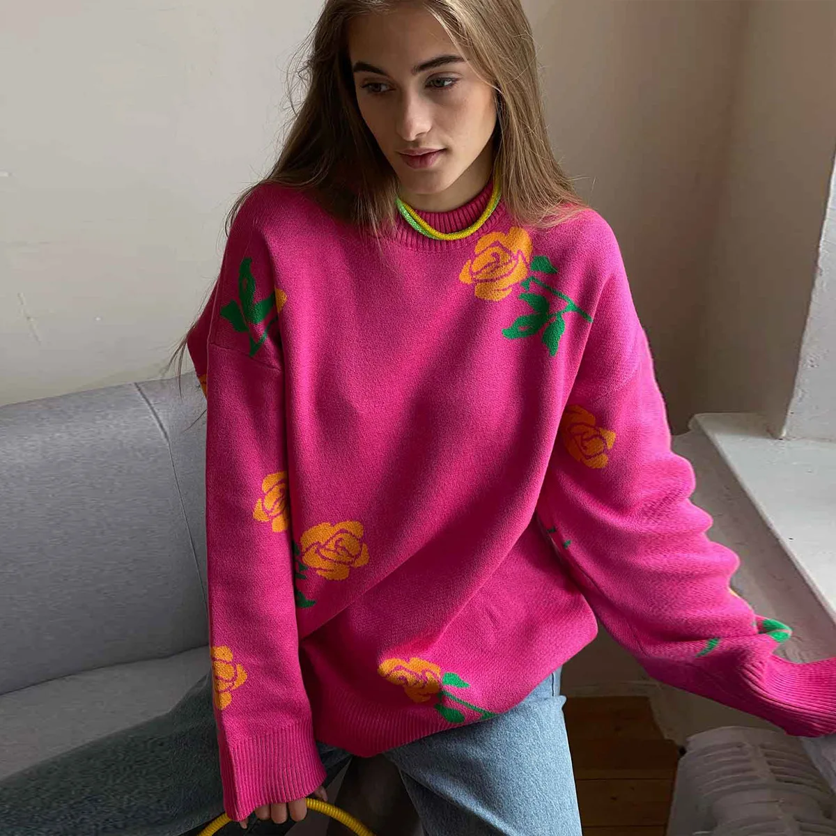 Round neck rose printed sweater sweater European and American autumn and winter new loose pullover sweater for women