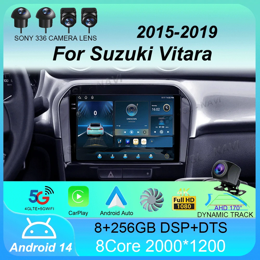 Car Radio Android 14 CarplayFor Suzuki Vitara 2015 - 2019 Navigation GPS Multimedia Player stereo wifi+4G Auto DSP BT 360Camera