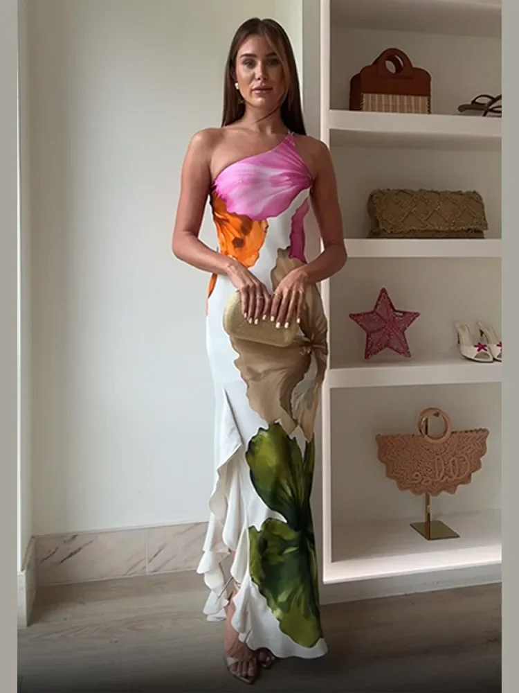 Плиссированное мини-платье с разрезом и принтом, женское сексуальное Badycon с косым вырезом, без рукавов, с открытой спиной, длинное платье, новинка 2025, летний праздничный женский халат