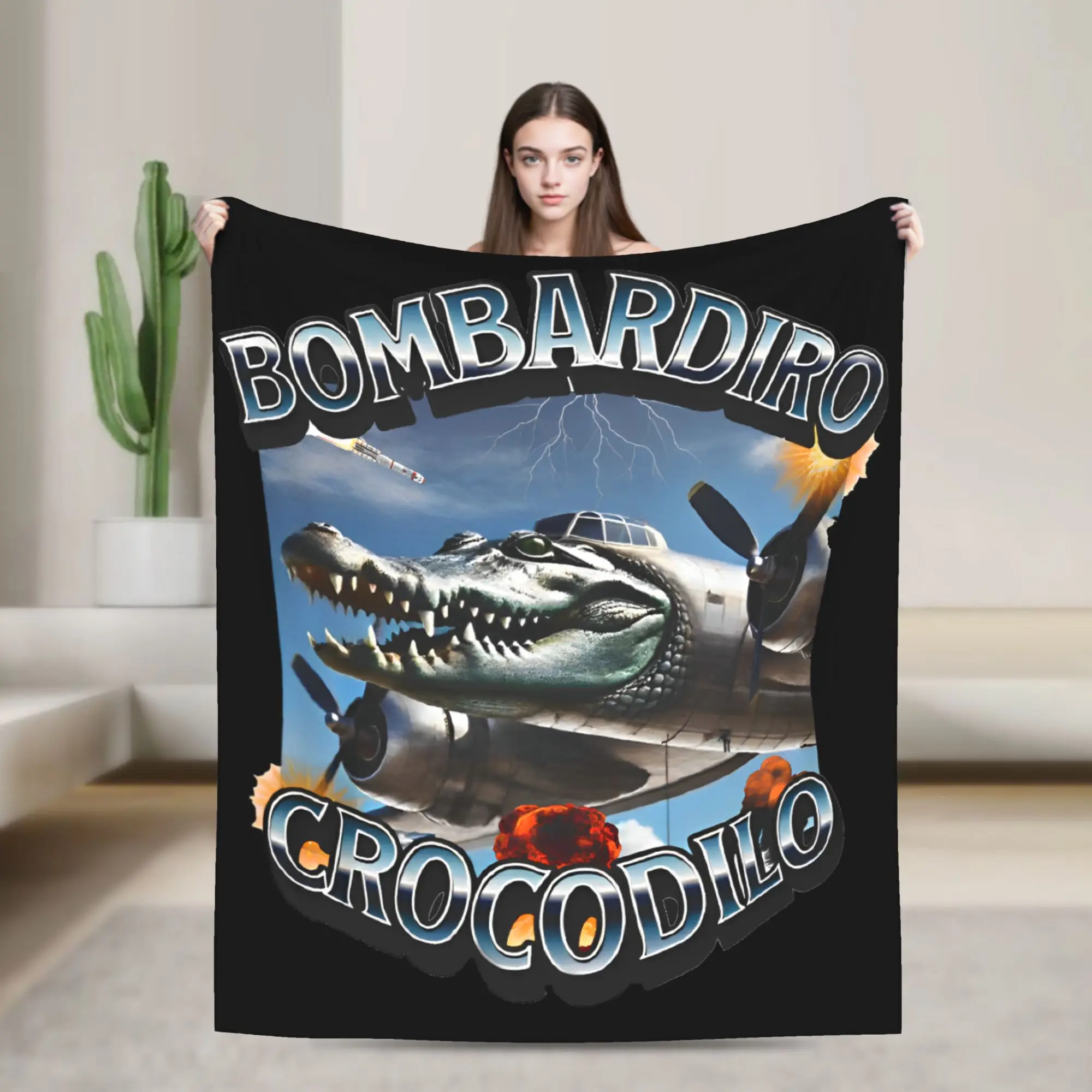 Bombardiro Crocodilo Anime Plane Blankets Italian Meme Brainrot Flannel Funny Breathable Throw Blankets for Home Spring/Autumn