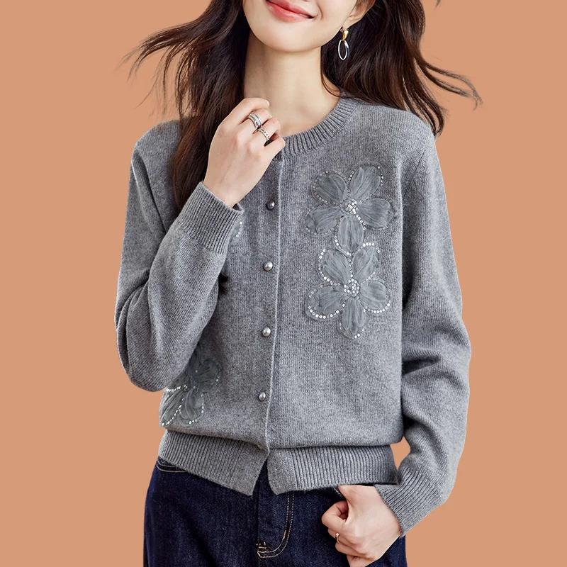 

Women's Autumn Winter New Lace Flower Sequin Beaded Crew Neck Knit Cardigan Outerwear Sweater Coat Top