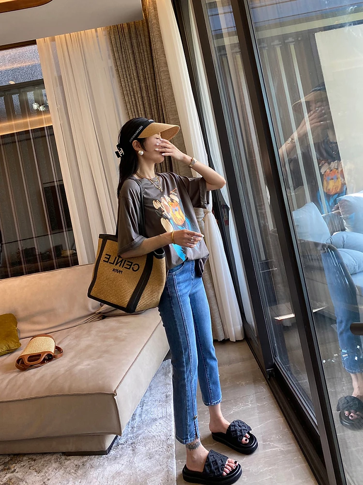 High waisted split design jeans women 2026 new spring new slimming casual nine cropped straight tube cigarette pants