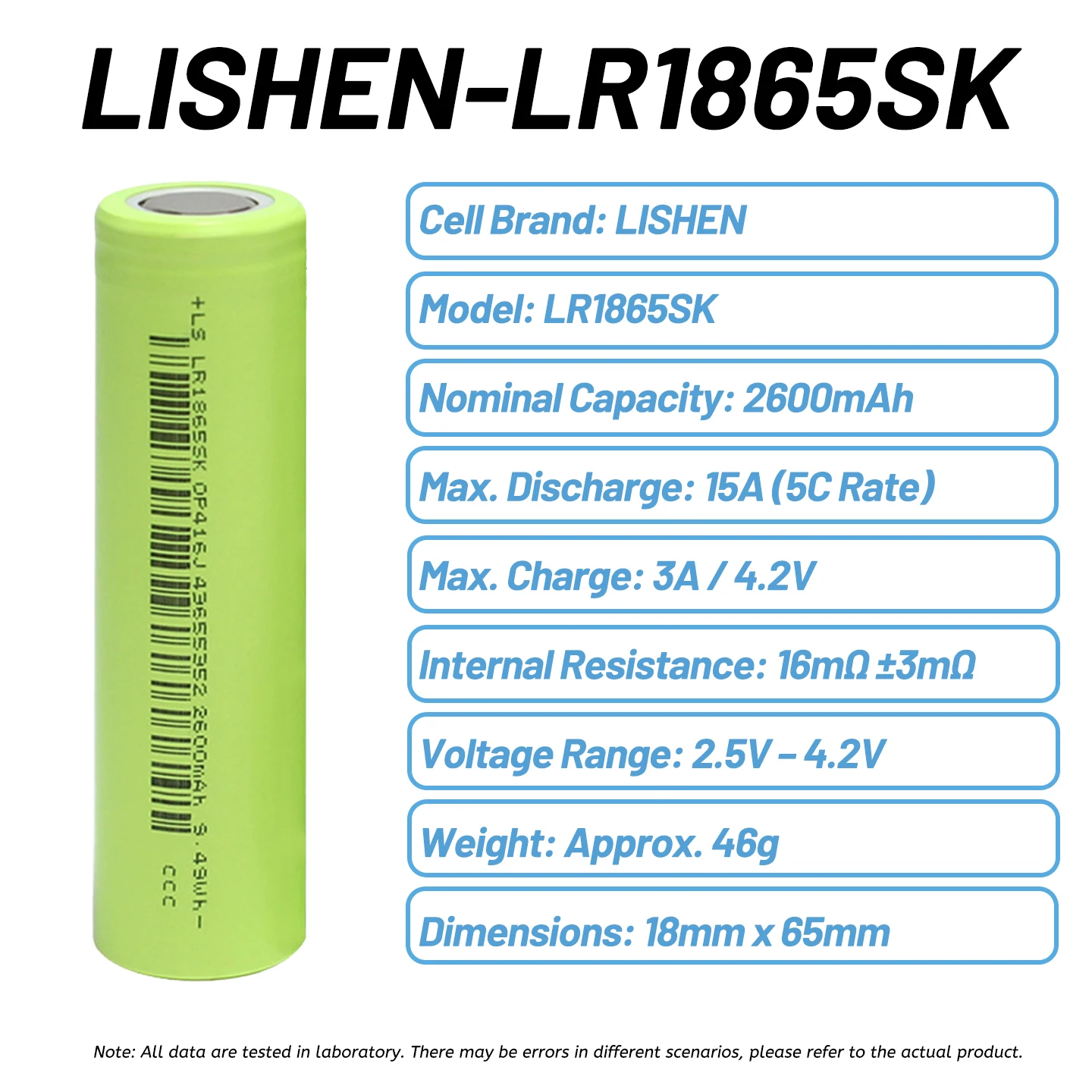 Brand New Lishen LR1865SK 18650 Lithium Cell 2600mAh 5C 13A Discharge NCM Battery for Flashlight, Small Power Tools, Portable Li