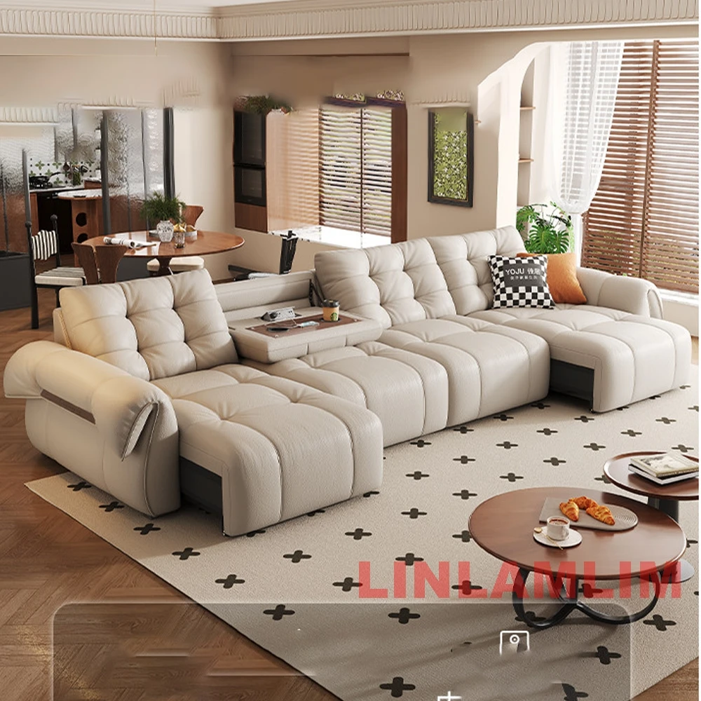 Modern Modular Sofa Bed, Large Genuine Leather Sectional Couch with Adjustable Backrest,Pull-Out Sleeper and Built-in Tray Table