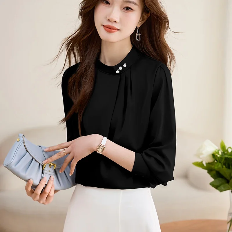 Purple Shirt Women 2024 New Spring Elegant Solid Women\'s Clothing Basic Ladies Tops Blouse Slim Embroidered Flares Womens Tops