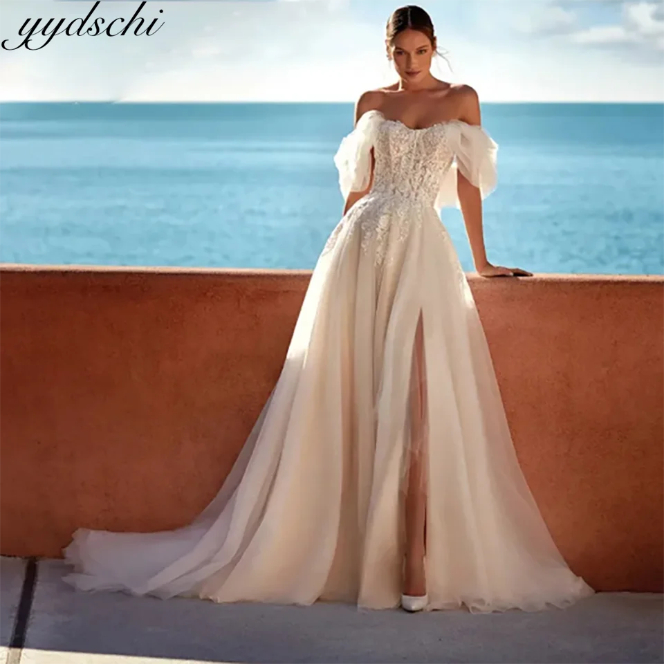 Gaun Pengantin A Line Celah Tinggi Applique Renda Sayang Menawan Gaun Pengantin Tulle Berenda 2025 dengan Kereta Pengadilan untuk Wanita