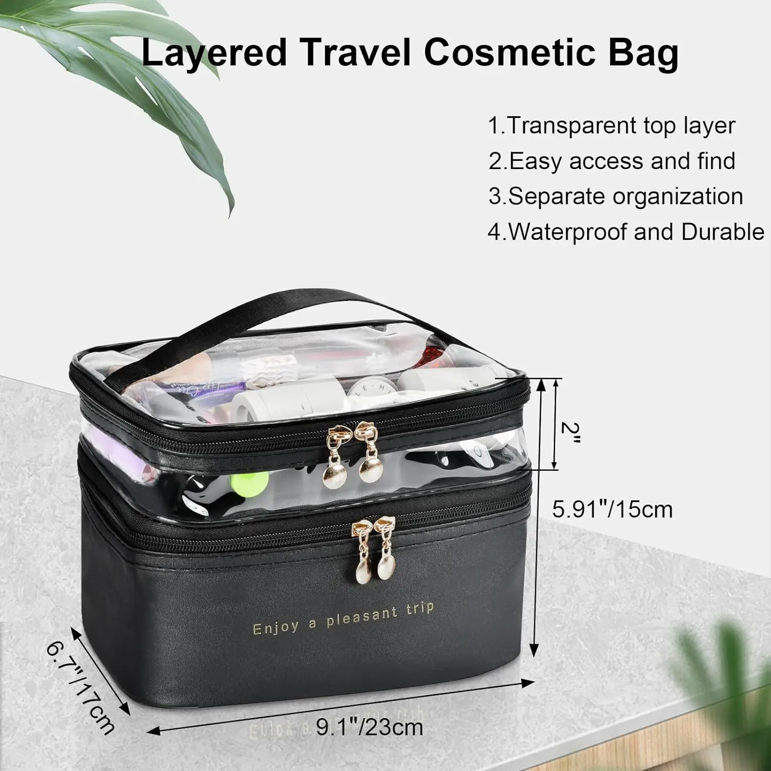 Waterproof Women makeup bag,Double layer transparent cosmetic bag,Portable Traveling Toiletries Organize Storage Make Up Case Tr