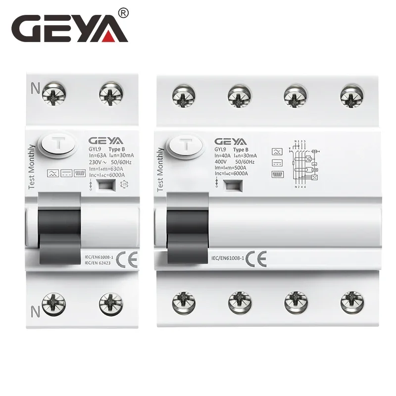 GEYA GYL9 Type B RCD Din Rail Earth Leakage Current breaker DC RCCB RCD 2P 4P 63A 30mA 100mA 300mA 6KA IEC62423