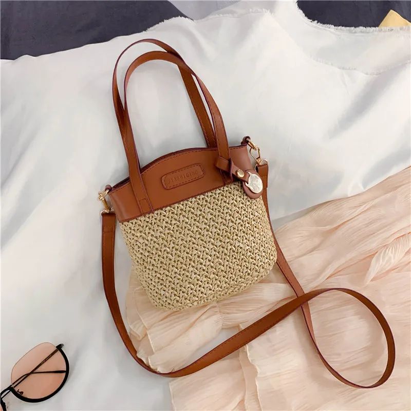Neue Damen Gewebte Tasche PU-Leder Patchwork Umhängetasche Sommer Strand Shopper Schultertasche Urlaub Reisetaschen S/L – Detail 8
