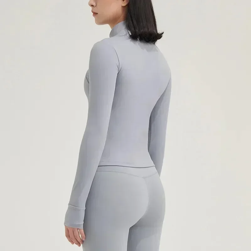 Lemon-Veste de sport à manches longues et col haut pour femme, manteau de yoga, haut de fitness, poches latérales, fermeture éclair complète, entraînement sportif