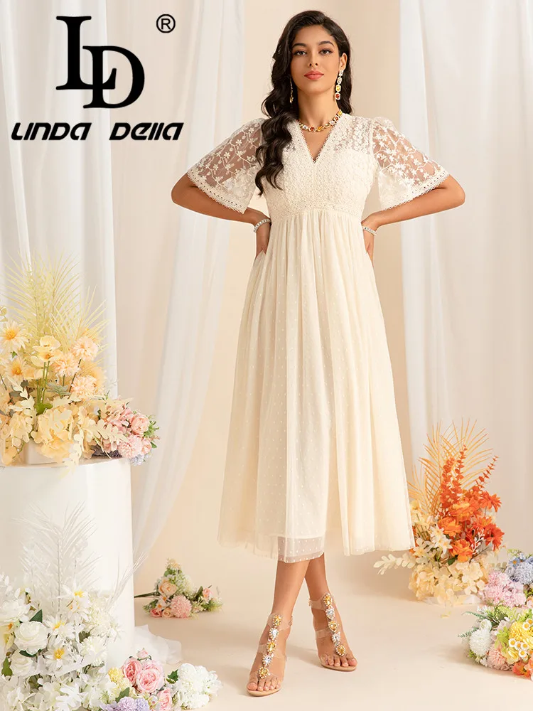 

LD LINDA DELLA White Super Fairy Mesh Lotus Seeve See-through Lace Shoulder Elegant Retro Court Lady Long Dress