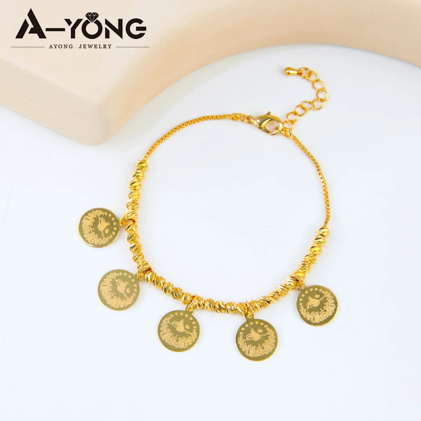 Arabisches Mode-Perlenmünzen-Schmuckset, 21k vergoldet, Dubai Braut-Hochzeits-Halskette und Armband, Habesha Damen Alltagsschmuck – Detail 9